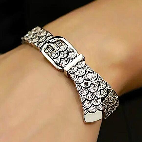 Sterling Silver Buckle Bangle Bracelet, Zircon Cuff Belt Buckle, Minimalist - Picture 2 of 10